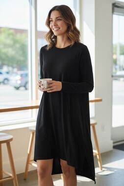 Eileen Fisher Size L Stretch Jersey Knit Shift Dress Long Sleeve Black Viscose